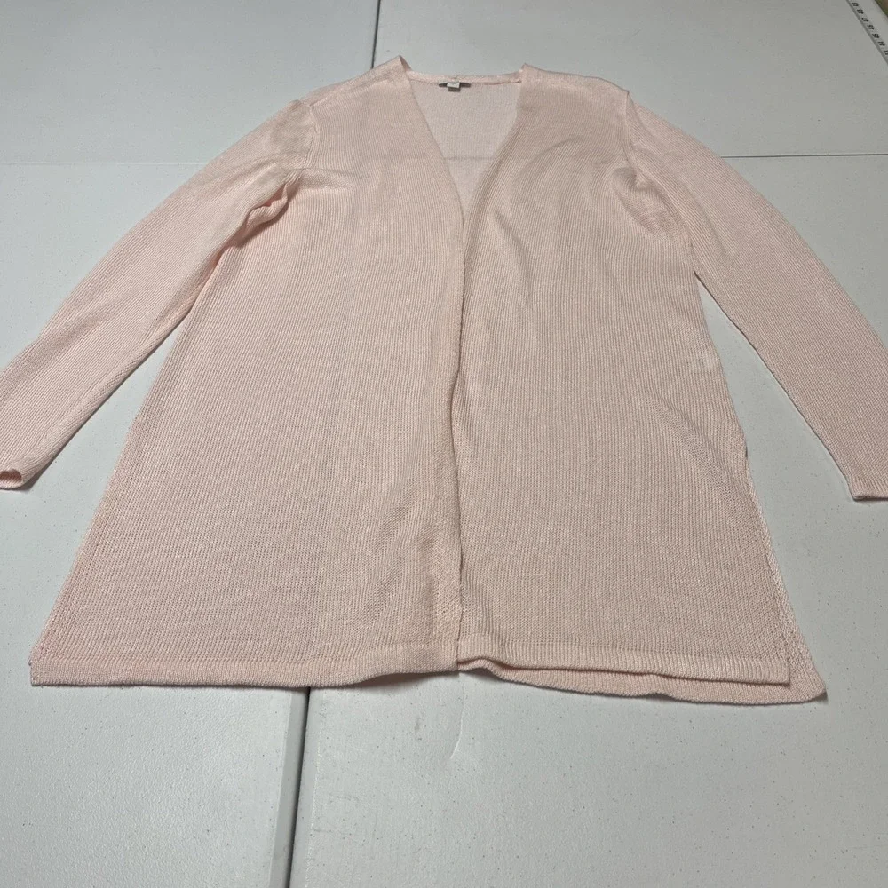 J Jill Cardigan Pink Linen Blend Duster Open Front Size L Open Knit Lightweight